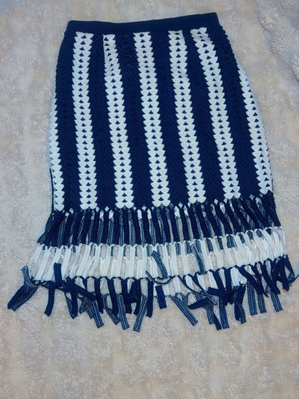 Eloquii Navy and White Crochet Fringe Skirt